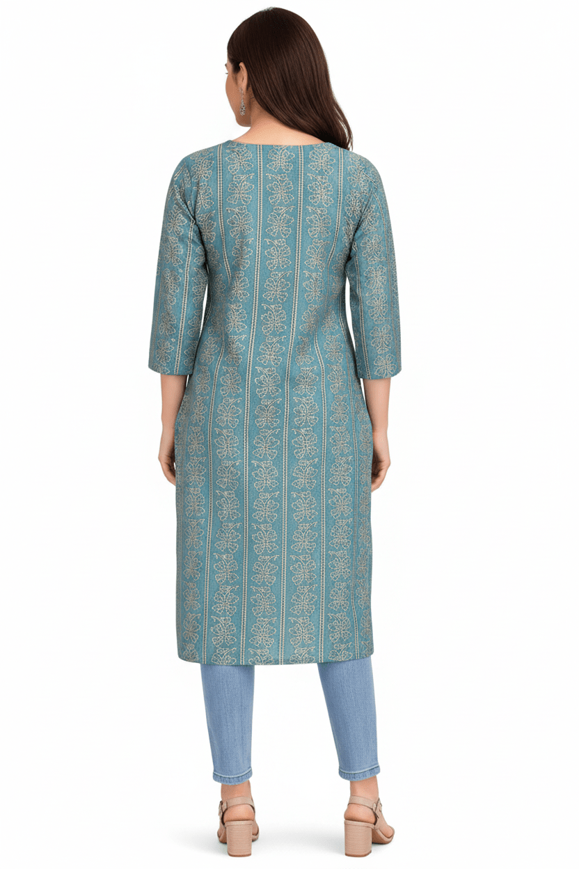 Marjeena women's teal blue ethnic printed straight cotton kurti, showcasing traditional design and comfortable fit.