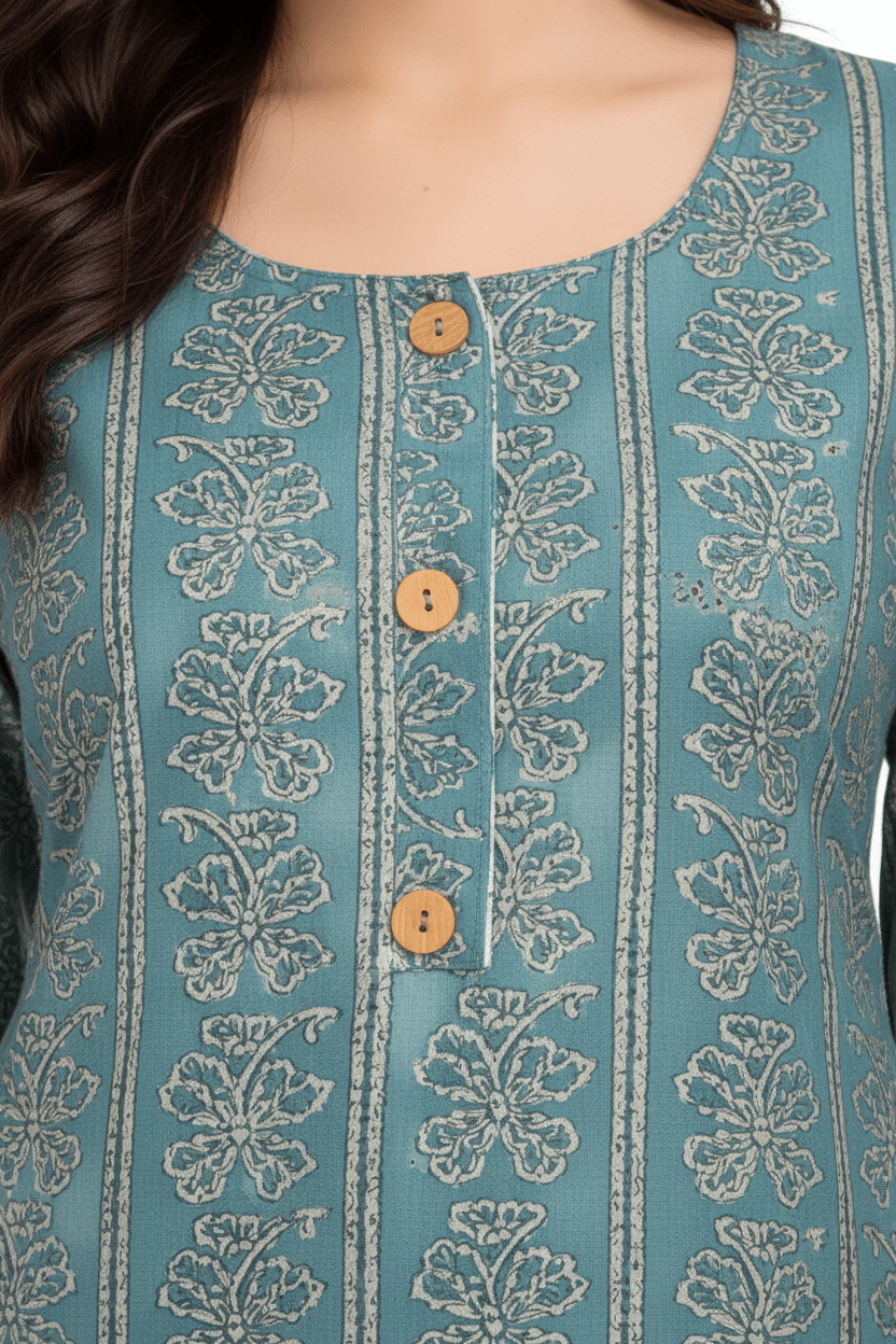 Marjeena women's teal blue ethnic printed straight cotton kurti with intricate patterns and a traditional design.