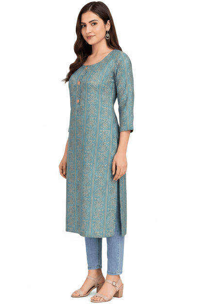 Marjeena women's teal blue ethnic printed straight cotton kurti with traditional design and vibrant pattern, casual ethnic wear.