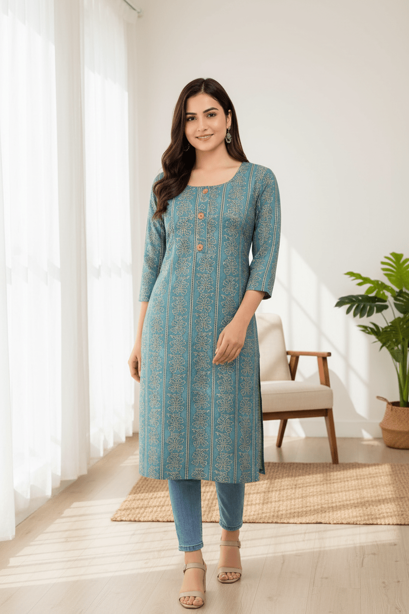 Marjeena women's teal blue ethnic printed straight cotton kurti with intricate traditional patterns and a comfortable fit.