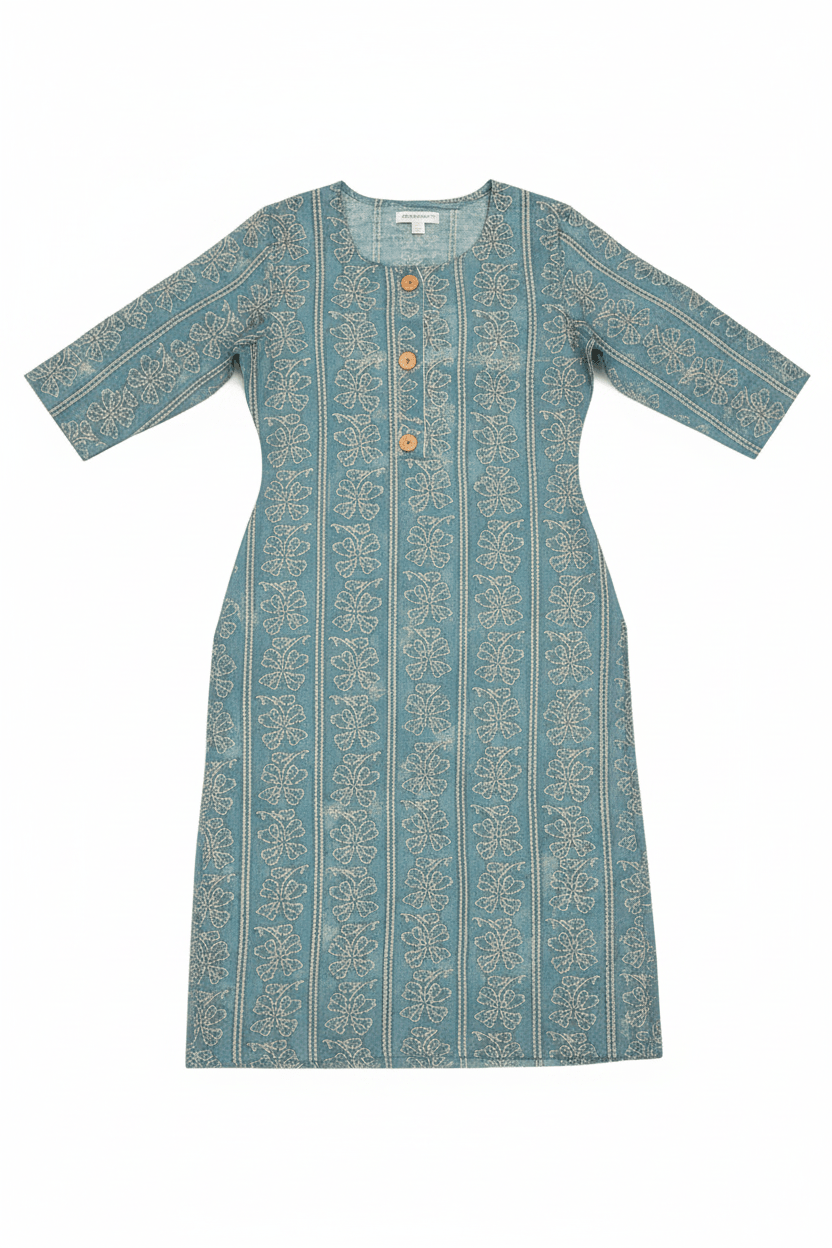 Marjeena women's teal blue ethnic printed straight cotton kurti with traditional design and comfortable fit, perfect for casual wear.