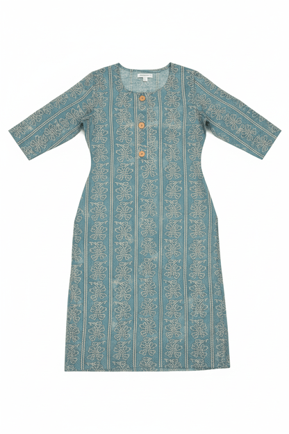 Marjeena women's teal blue ethnic printed straight cotton kurti with traditional design and comfortable fit, perfect for casual wear.