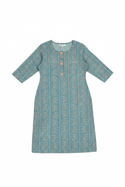 Marjeena women's teal blue ethnic printed straight cotton Kurti with intricate traditional patterns and comfortable fit.