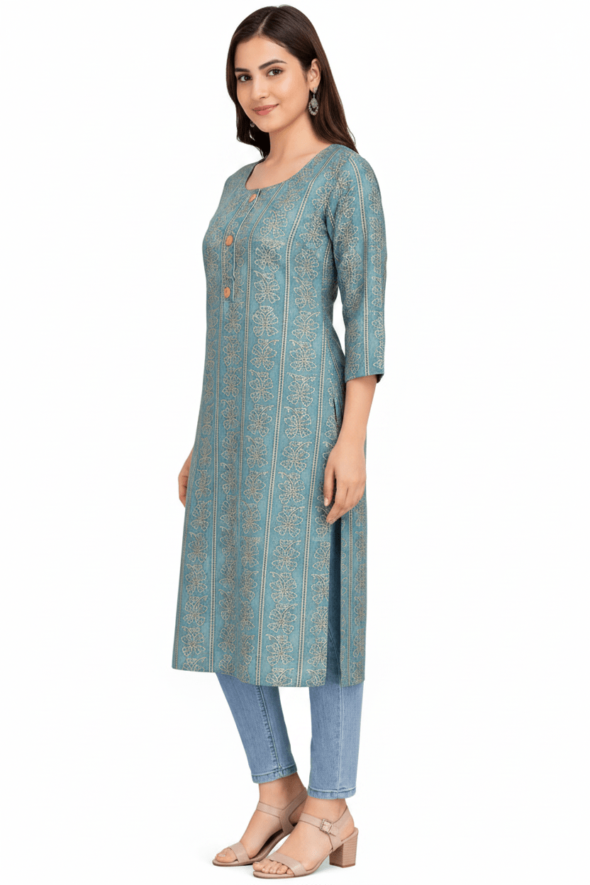 Marjeena women's teal blue ethnic printed straight cotton Kurti with traditional motifs and comfortable fit.