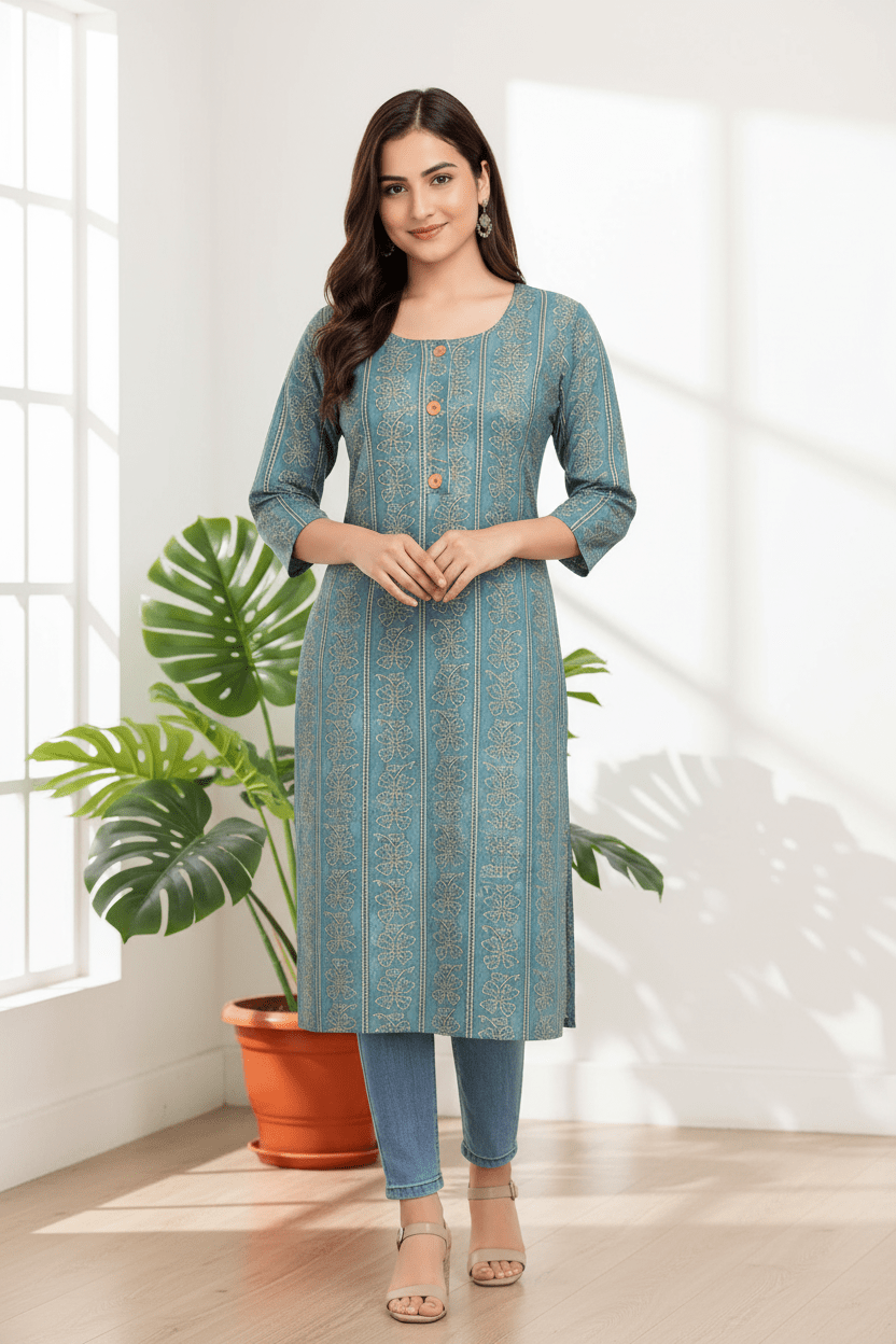 Marjeena women's teal blue ethnic printed straight cotton kurti with intricate traditional design and comfortable fit.