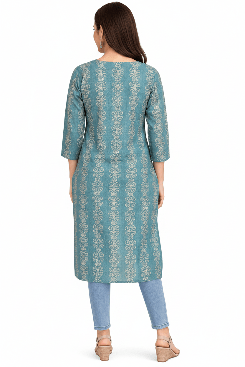 Marjeena women's teal blue ethnic printed cotton kurti with straight fit, showcasing intricate traditional patterns and comfortable fabric.