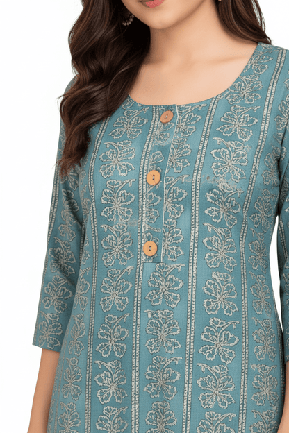 Marjeena women's teal blue ethnic printed straight cotton kurti with intricate patterns and comfortable fit.