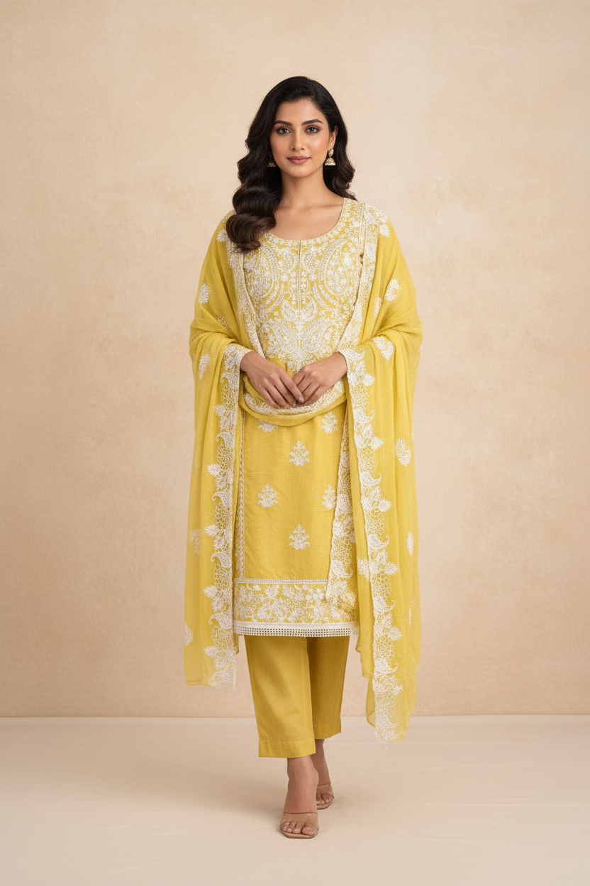 Marjeena mustard yellow Lucknowi Chikankari unstitched suit set with paisley embroidery and intricate hand embroidery details.