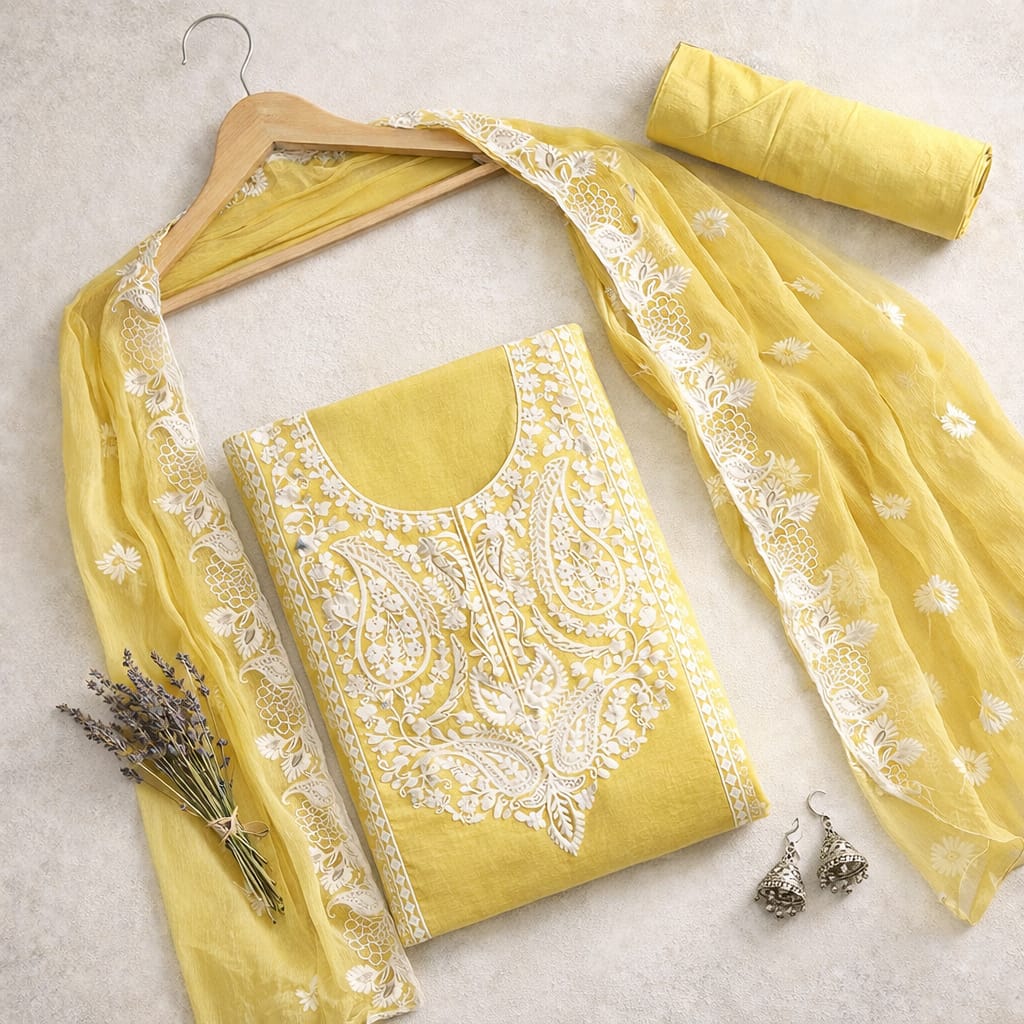 Marjeena mustard yellow Lucknowi Chikankari unstitched suit set with paisley embroidery and intricate detailing.