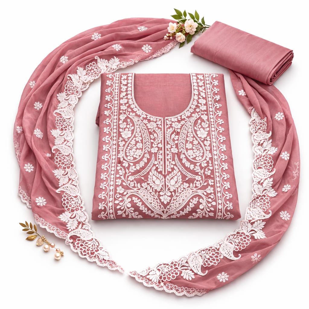 Pink onion-colored Marjeena unstitched dress material with intricate Lucknowi Chikankari and paisley embroidery.