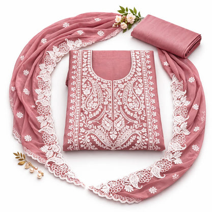 Pink onion-colored Marjeena unstitched dress material with intricate Lucknowi Chikankari and paisley embroidery.