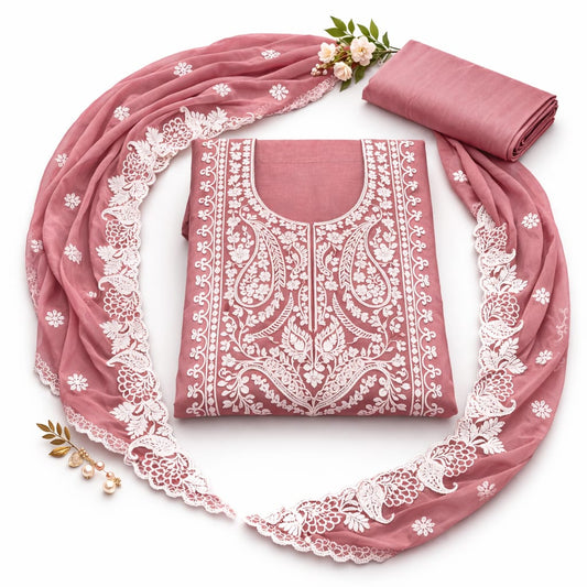 Pink onion-colored Marjeena unstitched dress material with intricate Lucknowi Chikankari and paisley embroidery.