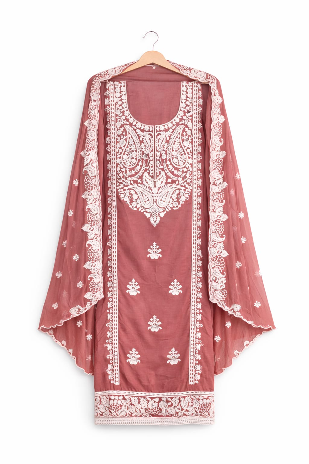 Pink onion-colored Chikankari Lucknowi paisley embroidered unstitched suit set by Marjeena with intricate hand embroidery.
