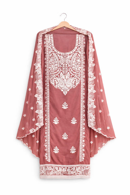 Pink onion-colored Chikankari Lucknowi paisley embroidered unstitched suit set by Marjeena with intricate hand embroidery.