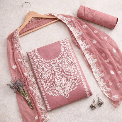 Marjeena Pink Onion Chikankari Lucknowi Paisley Embroidered Unstitched Suit Set with intricate embroidery and traditional design.
