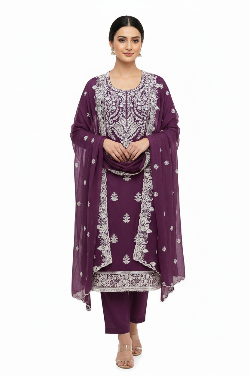 Marjeena purple unstitched dress material with intricate chikankari and Lucknowi paisley embroidery for a traditional suit set.