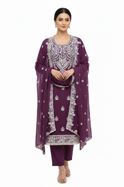 Marjeena purple unstitched dress material with intricate chikankari and Lucknowi paisley embroidery for a traditional suit set.