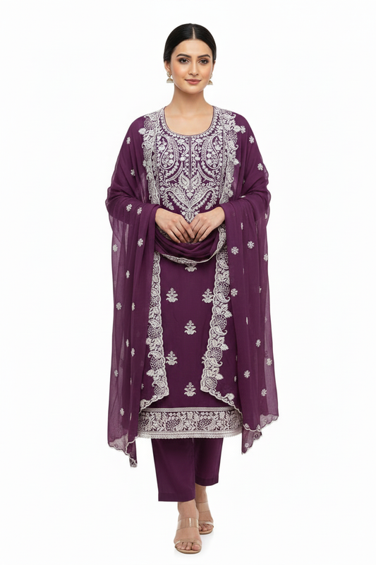 Marjeena purple unstitched dress material with intricate chikankari and Lucknowi paisley embroidery for a traditional suit set.