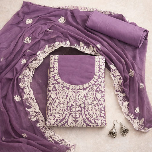 Marjeena purple unstitched dress material with intricate chikankari and paisley embroidery, traditional Lucknowi design.