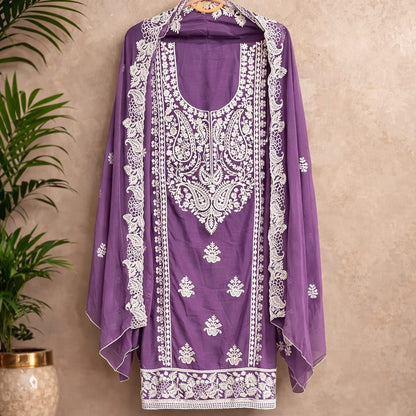 Purple Marjeena Chikankari Lucknowi Paisley embroidered unstitched suit set with intricate hand embroidery and traditional design.
