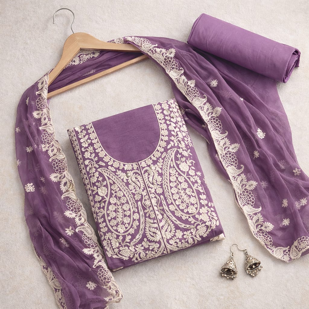 Purple Marjeena Chikankari Lucknowi Paisley embroidered unstitched suit set with intricate embroidery and traditional design.