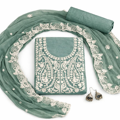Sea green Marjeena unstitched suit set with intricate chikankari and paisley embroidery, traditional Lucknowi style fabric.