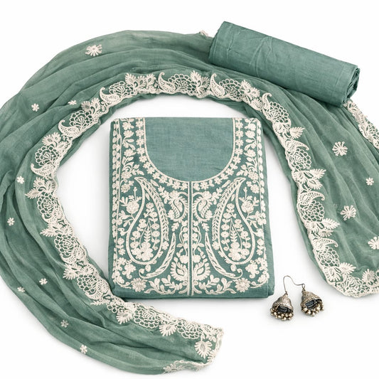 Sea green Marjeena unstitched suit set with intricate chikankari and paisley embroidery, traditional Lucknowi style fabric.