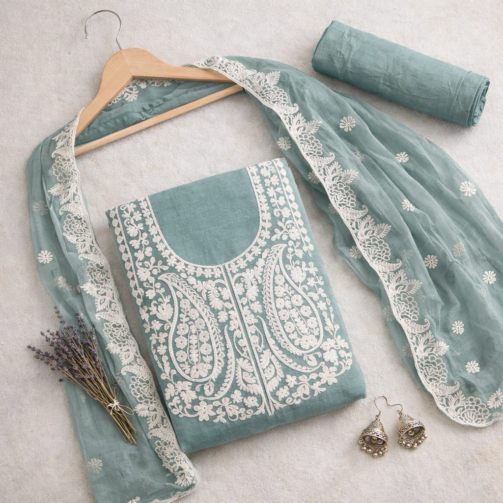 Sea green Marjeena Chikankari Lucknowi Paisley embroidered unstitched suit set with intricate hand embroidery and traditional design.