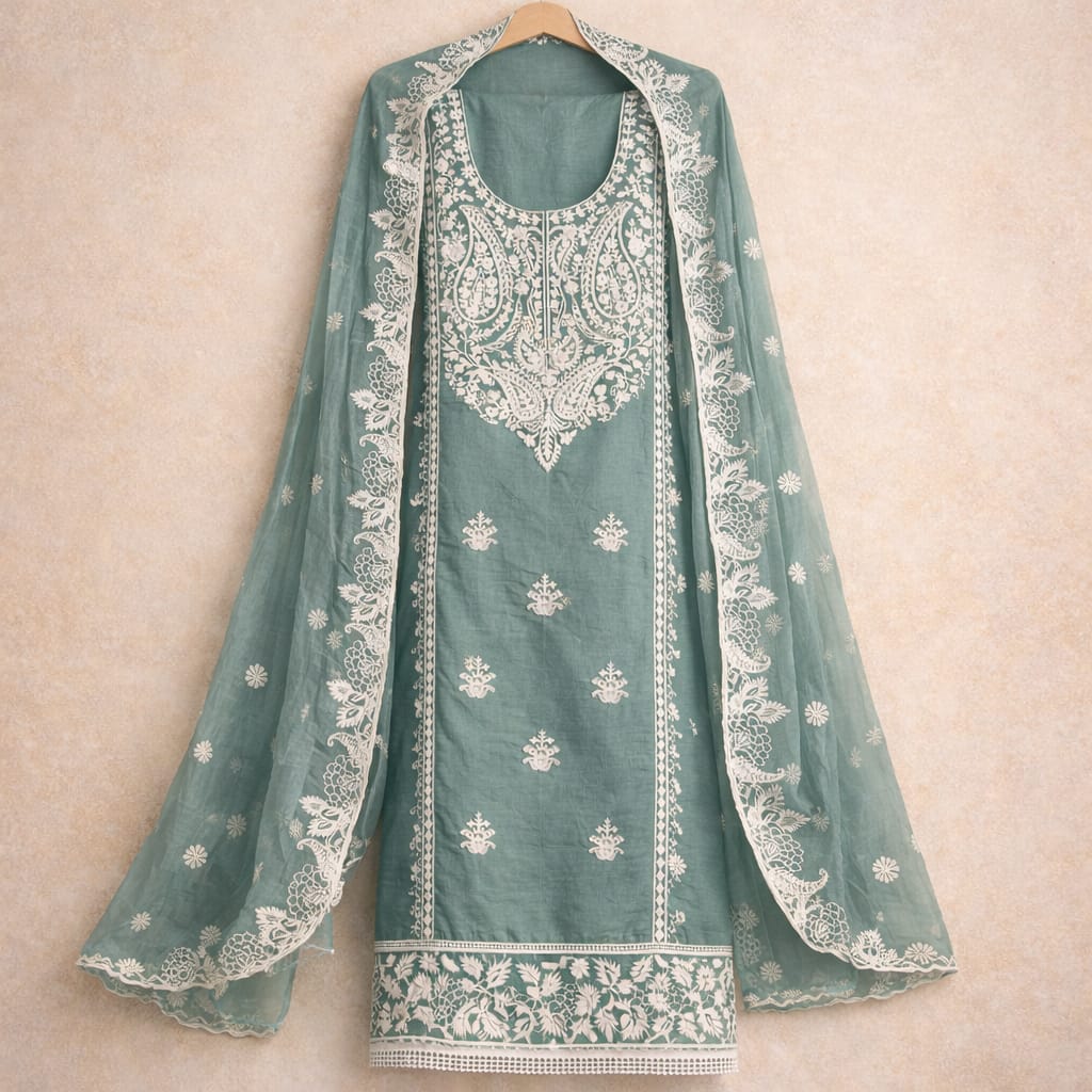 Sea green Marjeena Chikankari Lucknowi Paisley embroidered unstitched suit set fabric with intricate embroidery and traditional design.