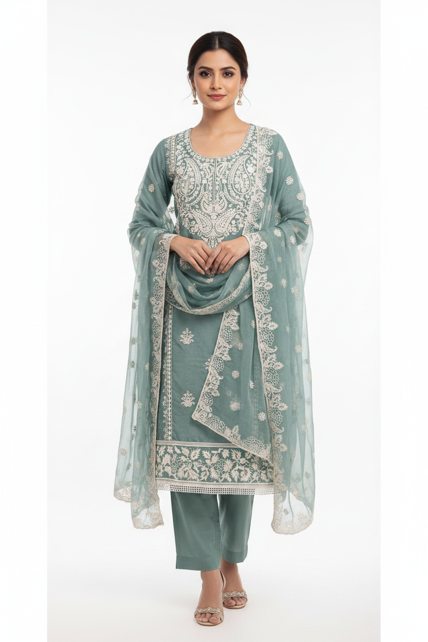 Sea green Marjeena Chikankari Lucknowi paisley embroidered unstitched suit set fabric showing intricate embroidery and traditional design.