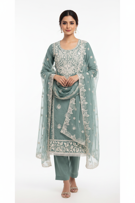 Sea green Marjeena Chikankari Lucknowi paisley embroidered unstitched suit set fabric showing intricate embroidery and traditional design.